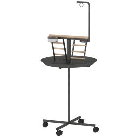Bird Stand with Wheels Parrot Play Stand with Round Tray Stainless Steel Feed Bowls Indoor Outdoor Dark Gray