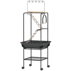 64"H Rolling Bird Playground Parrot Stand with Seed Guard & Wheels, Ladders, Swing, Toy Hook & Bowls