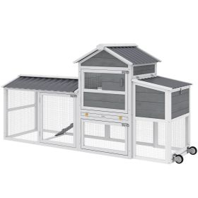 Chicken Coop with Wheels, 80" L Mobile Hen House with Run, Outdoor Wooden Chicken House with Nesting Box, Tray, Ramp
